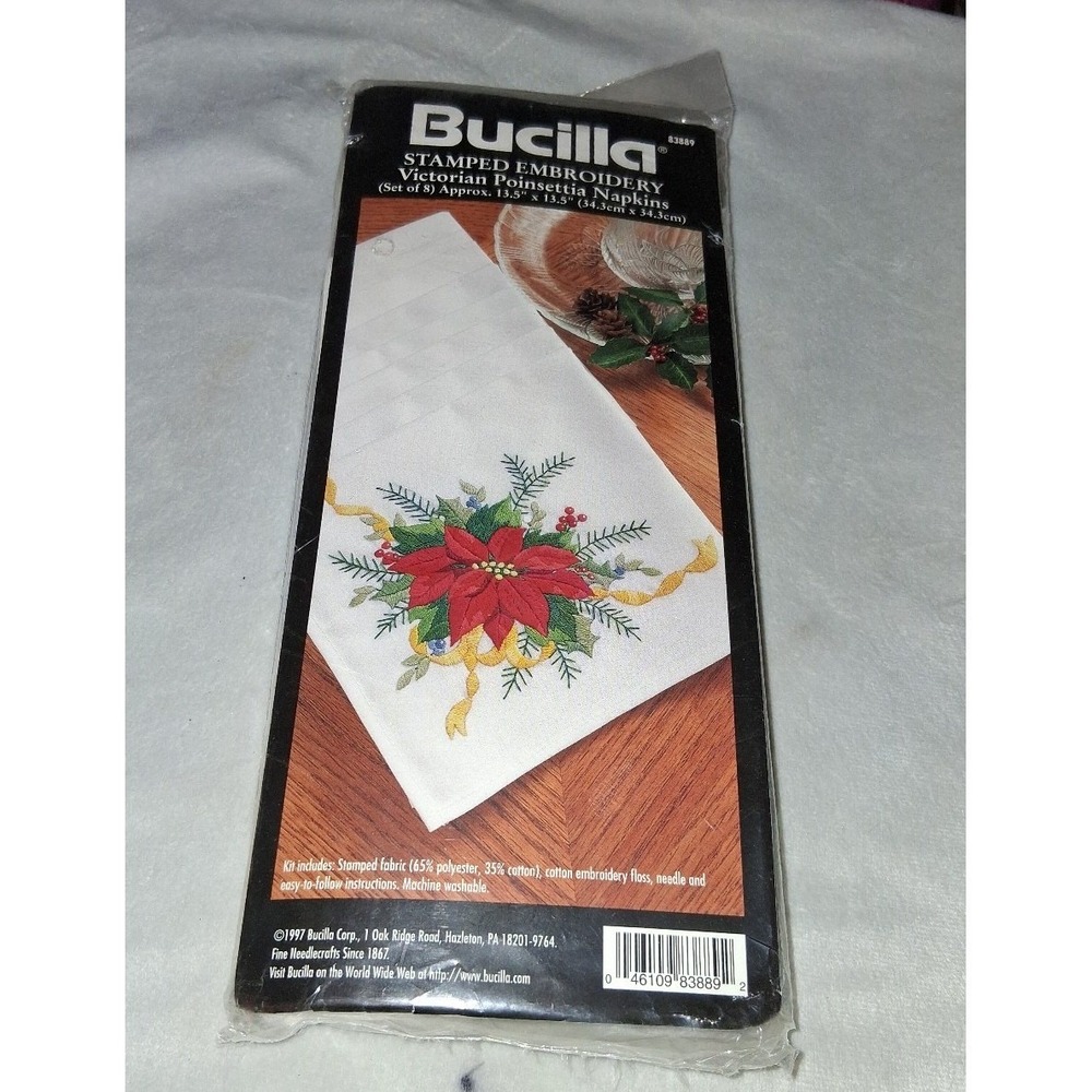 Vintage 1997 Bucilla Victorian Poinsettia Stamped Embroidery Napkin Kit Set of 8